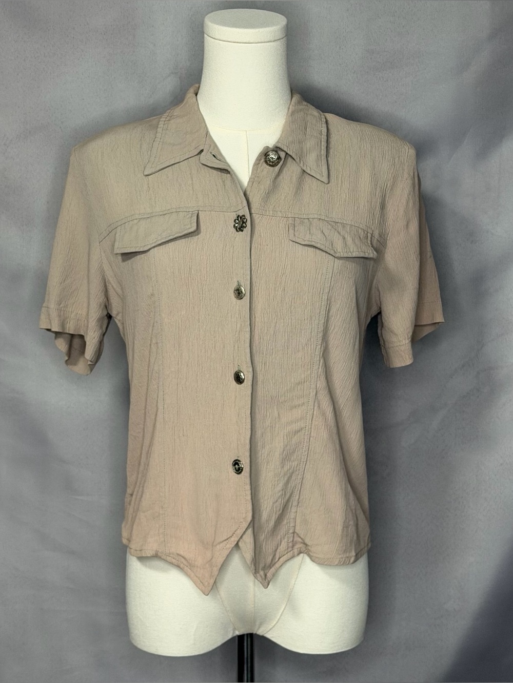 Impressions of California Taupe Button-Up Blouse 80s Vintage